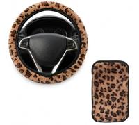 Coprivolante con motivo leopardato e braccioli per auto (marrone) | Coprivolante in peluche da 33 cm con copribracciolo per auto, motivo leopardato, accessori per interni dell'auto