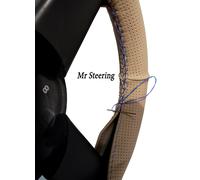 Coprivolante In Pelle Perforata Beige Per Ford S-Max Con Cuciture Blu Cielo