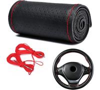 Coprivolante Universale Per Auto In Pelle Di Vacchetta Cucito A Mano,Coprivolante Per Auto In Morbida Pelle Fai-Da-Te Con Ago E Filo,Adatto Per Volante Da 37-39Cm (Linea rossa nera del foro completo)