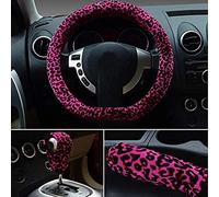 Coprivolanti 3 in 1 morbido leopardato per auto impugnatura freno a mano copri leva cambio corto caldo invernale per donn (forma a d, Rosso)