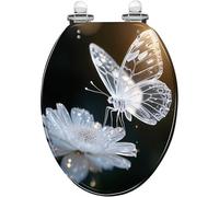 Copriwater allungato in resina trasparente decorativo | Farfalla trasparente, gocce d'acqua, design con fiori bianchi, cerniere a chiusura silenziosa, cerniere a sgancio rapido,