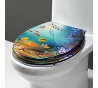 Copriwater Allungato Underwater World, copriwater Blu Trasparente con Coperchio a Chiusura Ammortizzata e Cerniere in Acciaio Inox, copriwater Rotondo in Resina Serie 3D Ocean per WC U/V/O