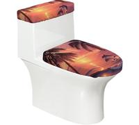 Copriwater con delfini e oceano tramonto | Set di 2 copriwater lavabili elasticizzati morbidi con fondo elastico per la decorazione della casa del bagno, arancione, blu
