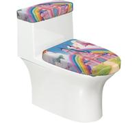 Copriwater elasticizzato e copriwater con fondo elastico, copertura morbida per sedile WC con castello in stile cartone animato arcobaleno farfalla per il bagno decorazione della casa, set da 2