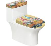 Copriwater elasticizzato e copriwater con fondo elastico, copertura morbida per sedile WC con uova di nani della fattoria pasquale dei cartoni animati per la decorazione della casa, set da 2