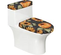 Copriwater elasticizzato e copriwater con fondo elastico, copertura morbida per sedile WC con zucca del Ringraziamento girasole su plaid per bagno, decorazione per la casa, set da 2