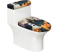 Copriwater elasticizzato e copriwater con fondo elastico, copertura morbida per sedile WC in stile cartone animato Halloween fantasma castello per il bagno e la casa, set da 2