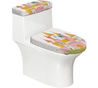 Copriwater elasticizzato e copriwater con fondo elastico, copertura morbida rosa con castello dei cartoni animati per decorare la casa del bagno, set da 2