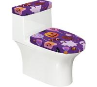 Copriwater elasticizzato e copriwater con fondo elastico, morbido copri WC viola con motivo cartone animato Halloween Candy per il bagno e la casa, set da 2