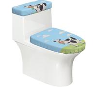 Copriwater elasticizzato e copriwater con fondo elastico, morbido coprisedile per WC con divertente mucca in stile cartone animato su prateria cielo blu per il bagno e la casa, set da 2