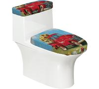 Copriwater elasticizzato e copriwater con fondo elastico, morbido coprisedile per WC Spring Farm Red Truck su prato floreale per decorazione della casa, set da 2