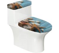 Copriwater elasticizzato e copriwater con fondo elastico, morbido copriwater con conchiglie estive e stella marina su legno blu per decorare la casa del bagno, set da 2