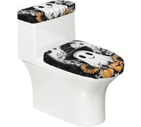 Copriwater elasticizzato e copriwater con fondo elastico, morbido copriwater con fantasma di Halloween girasole su sfondo nero, per decorare la casa del bagno, set da 2