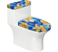 Copriwater elasticizzato e copriwater con fondo elastico, morbido copriwater con farfalla blu e fiori gialli per decorare la casa del bagno, set da 2