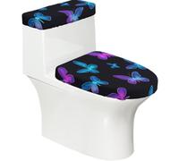 Copriwater elasticizzato e copriwater con fondo elastico, morbido copriwater con farfalla blu viola su nero per decorare la casa del bagno, set da 2