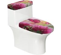 Copriwater elasticizzato e copriwater con fondo elastico, morbido copriwater con farfalla e peonie rosa, decorazione per la casa, set da 2