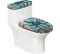 Copriwater elasticizzato e copriwater con fondo elastico, morbido copriwater con mostro marino nautico polpo su mappa vintage per bagno decorazione casa, set da 2