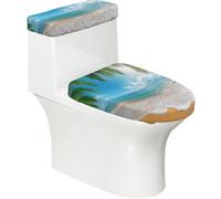 Copriwater elasticizzato e copriwater con fondo elastico, morbido copriwater con onde oceaniche e spiaggia blu cielo costiero per il bagno e la casa, set da 2