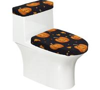 Copriwater elasticizzato e copriwater con fondo elastico, morbido copriwater con zucca di Halloween e fantasma su sfondo nero, per decorare la casa del bagno, set da 2