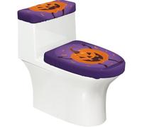 Copriwater elasticizzato e copriwater con fondo elastico, morbido copriwater con zucca di Halloween e fantasma su sfondo viola, per decorare la casa del bagno, set da 2