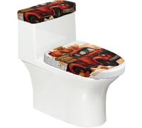 Copriwater elasticizzato e copriwater con fondo elastico, morbido copriwater rosso autunnale per camion della fattoria raccolta di zucche per il bagno e la casa, set da 2