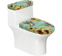 Copriwater in legno con uccellino e girasole | Copriwater lavabile universale elasticizzato morbido con fondo elastico per bagno decorazione casa, set da 2, giallo turchese