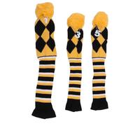 Coproni per la testa del club da golf a maglia 3 pezzi set con pom pom pattern unici di artigianato soft knitting tessuto protettivo da golf club copri percorsi per i viaggi (Nero giallo)