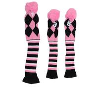 Coproni per la testa del club da golf a maglia 3 pezzi set con pom pom pattern unici di artigianato soft knitting tessuto protettivo da golf club copri percorsi per i viaggi (Nero rosa)