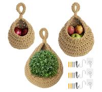 Coptiner 3Pcs Cesti di frutta da appendere per la cucina, cesto appeso in cotone a goccia con tre tipi di ganci, conservazione salvaspazio per verdure, cipolle, patate e frutta (Khaki)