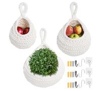 Coptiner 3Pcs Cesti di frutta da appendere per la cucina, cesto appeso in cotone a goccia con tre tipi di ganci, conservazione salvaspazio per verdure, cipolle, patate e frutta (Bianco)