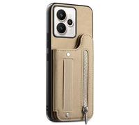 COQUE Custodia a portafoglio per Realme 15, texture twill, scomparti per carte integrati e cinturino da polso, protezione RFID, tasca con cerniera, custodia protettiva in pelle-Cachi