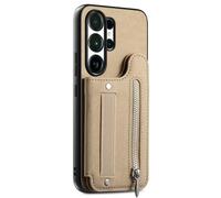 COQUE Custodia a portafoglio per Samsung Galaxy S26 Ultra, texture twill, scomparti per carte integrati e cinturino da polso, protezione RFID, tasca con cerniera, custodia protettiva in pelle-Cachi