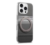 COQUE Custodia in fibra di carbonio per Apple iPhone 16 Pro Max, cornice argentata, supporto magnetico rotante a 360° con suono a clic, custodia protettiva Afterglow per iPhone 16 Pro Max, colore nero