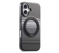 COQUE Custodia in Fibra di Carbonio per Apple iPhone 16, Tessitura in Fibra Aramidea con Supporto Magnetico Rotativo a 360° e Clic Suono Protezione Afterglow per Apple iPhone 16-Nero