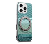 COQUE Fibra di Carbonio per Apple iPhone 16 Pro, Telaio Argento, Tessuto in Fibra di Aramide, Supporto Magnetico Rotativo a 360° con Suono di Click, Protezione Afterglow-Verde