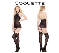 Coquette Camicia Notte Americana Sheer Halter Top With Attached Stockings Black