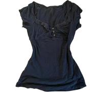 Coquette Increspature Top Donne Carino Estate Pizzo Peplo Babydoll Top Teen Ragazze Y2k Grunge 2000s Cottagecore Abbigliamento, Nero , L