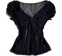 Coquette Increspature Top Donne Carino Estate Pizzo Peplo Babydoll Top Teen Ragazze Y2k Grunge 2000s Cottagecore Abbigliamento, Fiocco nero., L