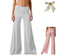 Coral Fold Over Yoga Pants for Women,Ruched Waist Solid Flare Sweatpants,Loose Wide Leg High Waist Palazzo for Sport Everyday (IT, Testo, XXL, Regular, Regular, Light Gray)