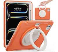(Coral Orange, Multicolor) For iPad Pro 11 (2024) Case Hand Grip Kickstand PC+TPU Cover with Pen Slot - Cornflower Blue
