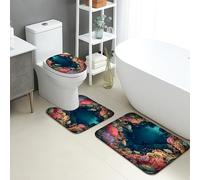 Coral Reef - Set di 3 tappetini da bagno colorati con piante oceaniche assorbenti antiscivolo a forma di U, lavabili, in memory foam, ad asciugatura rapida, per l'estate