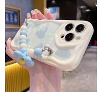 Cordino carino a forma di cuore color crema e blu con perline, cavo antiscivolo, custodia morbida in TPU compatibile con 16 15 14 13 12 11 Pro Max Plus X XS XR, compatibile con i più recenti 17/17 Air