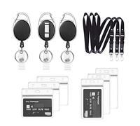 Cordino con portacarte, cordino retrattile, 3 set include: cordino, clip per rocchetto e porta badge identificativo impermeabile, per cordino porta carte, portachiavi (Nero B03)