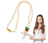 Cordino per insegnanti Wooden Beaded - Teacher Lanyard with ID Holder | Cordini floreali in legno per chiavi | Cute Fashion Boho Flower and Wood Bead Lanyards for Women, Student ID Badges
