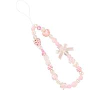 Cordino per telefono cellulare rosa, catena universale per telefono, fiocco nero, cordino con perline di perle, cinturino da polso anti-smarrimento per telefono, alla moda, portachiavi, portafoglio,