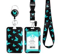 Cordino porta badge con nastro, portachiavi estraibile, cordino con moschettone, porta badge per donne, insegnanti, infermieri, dottore, studente (Farfalla blu)