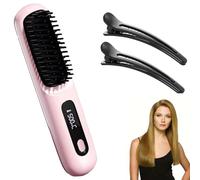 Cordless Hair Straightener Brush & Curler 2-in-1, Portable Straightener Brush with LED Display for Women’s Short & Long Hair, for All Hair Types (Pink)
