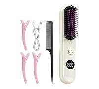 Cordless Hair Straightener USB Rechargeable Brush, Portable 3-Temperature Flat Iron Curler for Dry and Wet, Short or Long, Thin or Thick Hairs Styling at Home & Salon