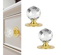 CoreFunc Pomelli autoadesivi rotondi in cristallo trasparente da 3,5 cm, con sfera da 40 mm, maniglie per cassetti, specchi, armadi, porte scorrevoli, finestre, scale, angoli decorativi (2, oro)
