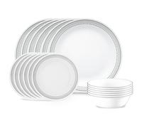 Corelle Mystic Grey, servizio da 18 pezzi, per 6 persone, resistente alle scheggiature, include piatti piani da 26 cm, piatti da insalata/contorni da 17 cm e ciotole da 530 ml per zuppa/cereali